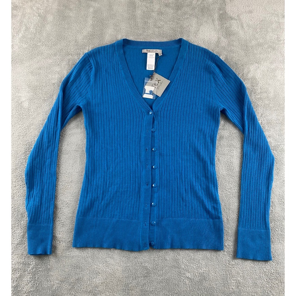 Tex by Max Azria Womens Ribbed V-Neck Cardigan Blue Button Front Sweater 1161293